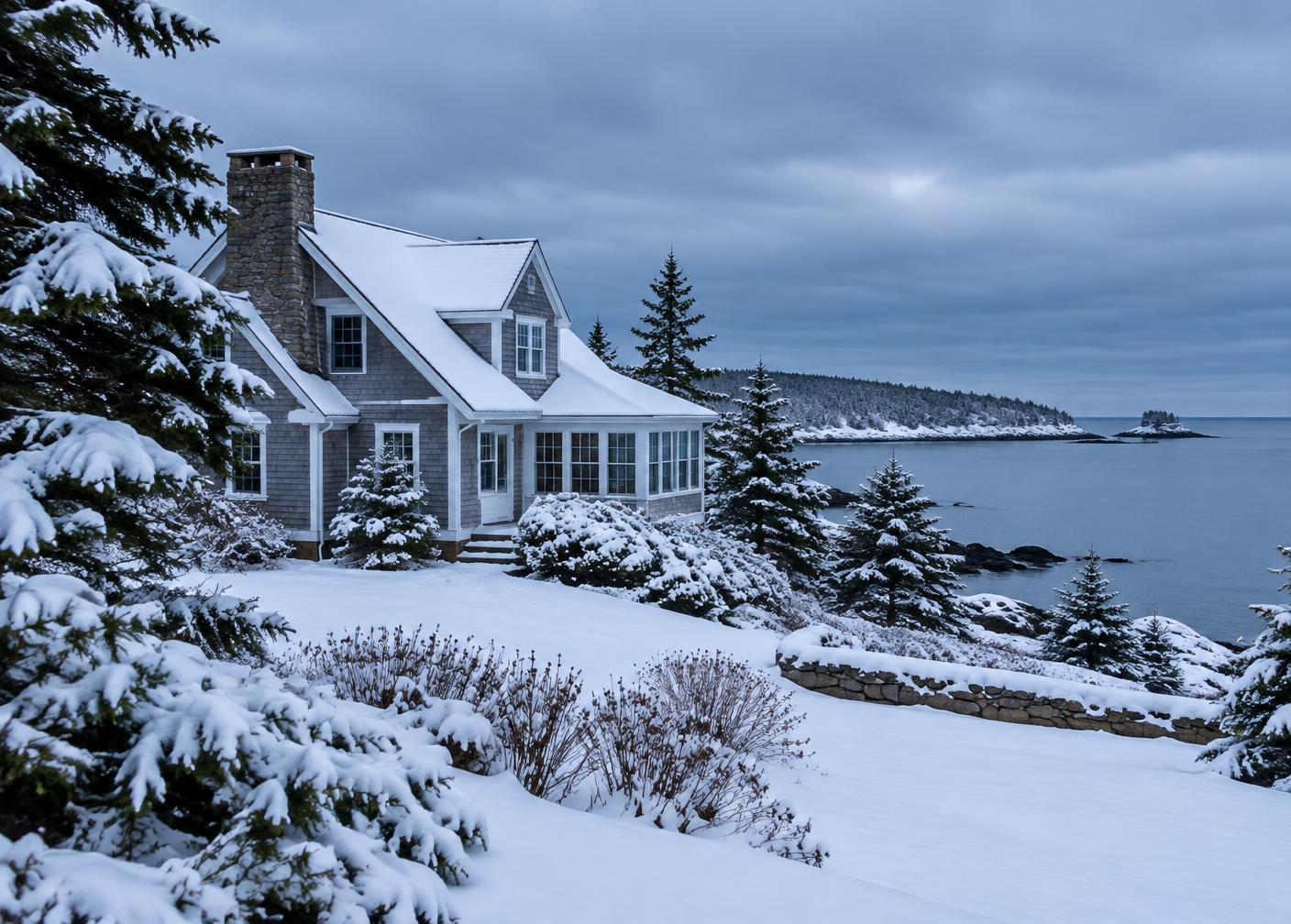 A snowy coastal Maine home in winter